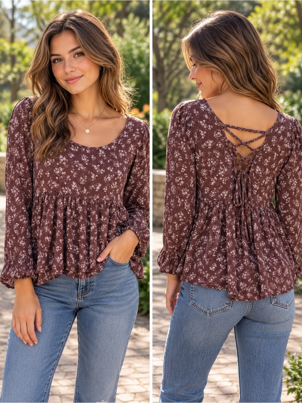 Brown Floral Peplum Lace-Up Back Blouse
